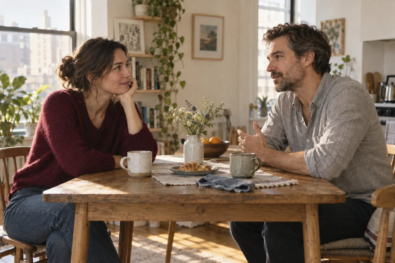 Two adults listening to each other over coffee at a breakfast table.