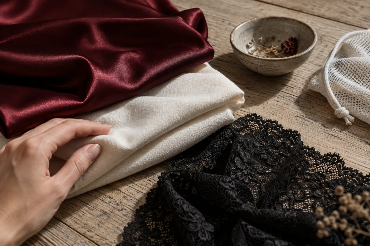 Cotton, lace and burgundy satin swatches laid out on a wooden worktable.