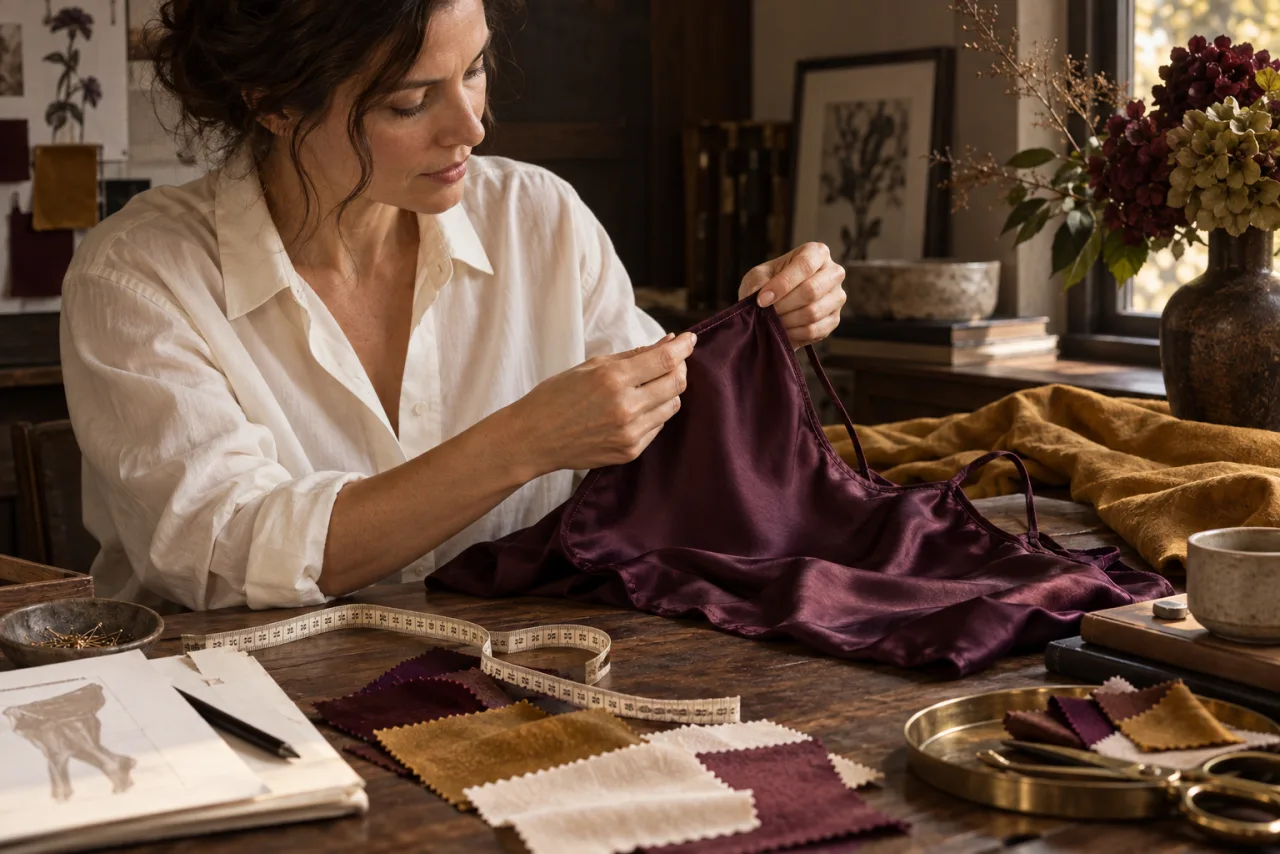An adult examining a burgundy garment at a worktable.