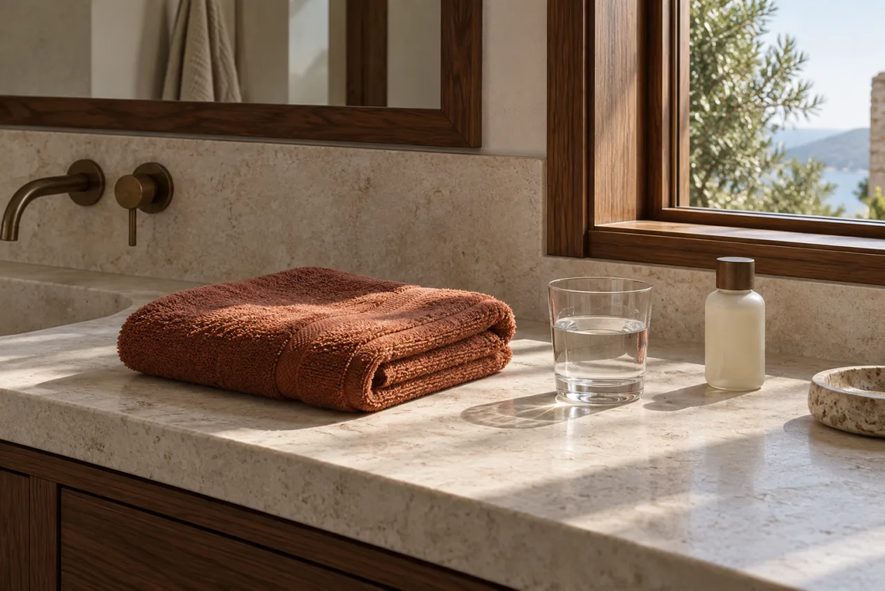 A folded towel, a glass of water and a closed bottle on an ivory bathroom counter.
